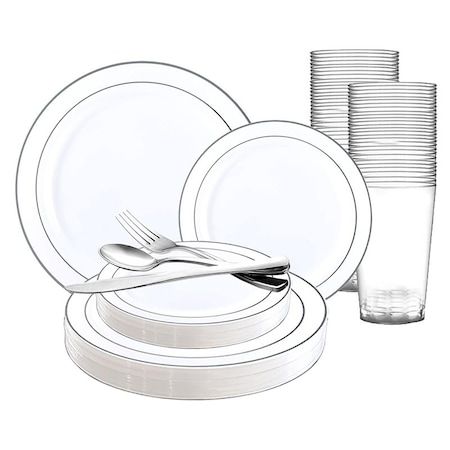 Smarty Had A Party White with Silver Edge Rim Plastic Plastic Wedding Value Set, 360PK WSVPP60